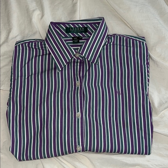 Vintage Ralph Lauren Petite Green and Purple Striped Button Up - Picture 3 of 6